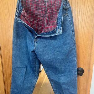 L.L. Bean Straight-Leg Blue Denim Jeans with Red Plaid Lining